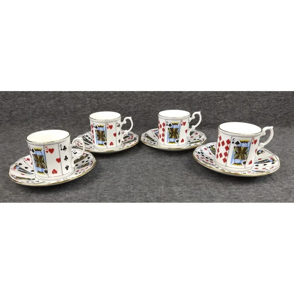 Elizabethan Playing Cards‎ Demitasse Cup & Saucer Set/4 Cut for Coffee England